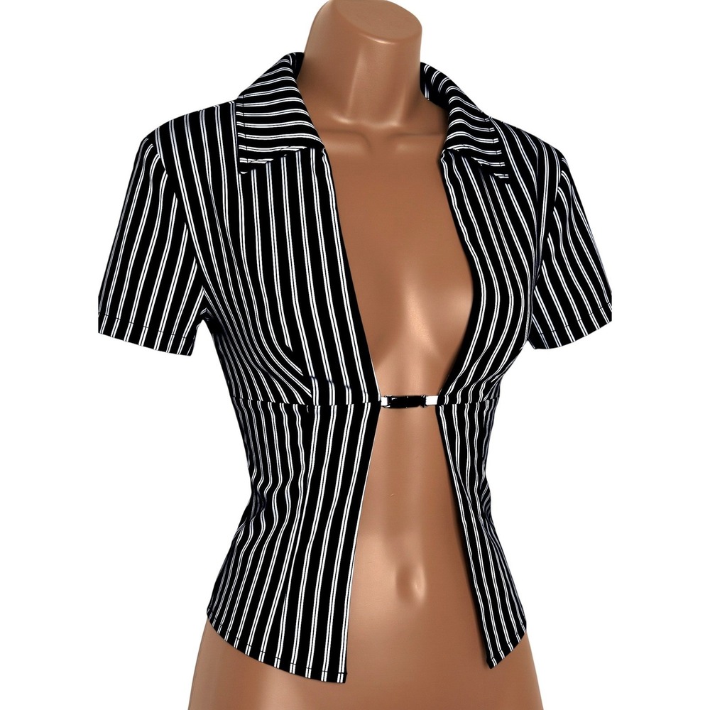 New M Black Pin stripe Short Sleeve Open Front Crop Top Metal Clasp Closure